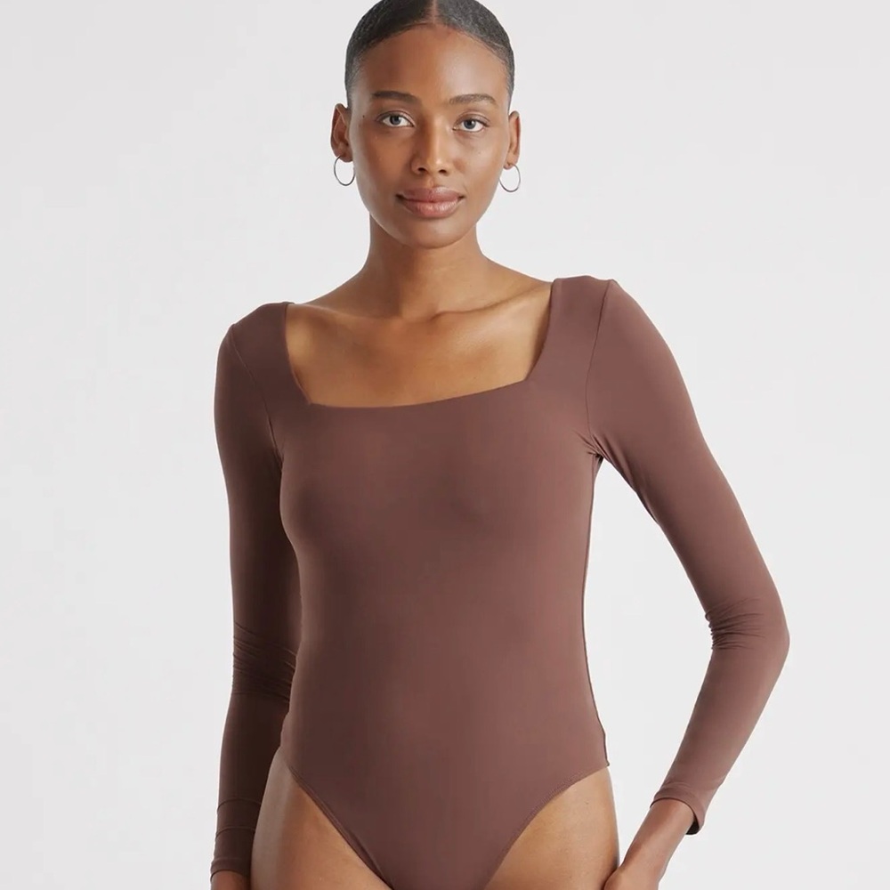 Quince Black Square Neck Long Sleeve Bodysuit in Brown Size Medium R221